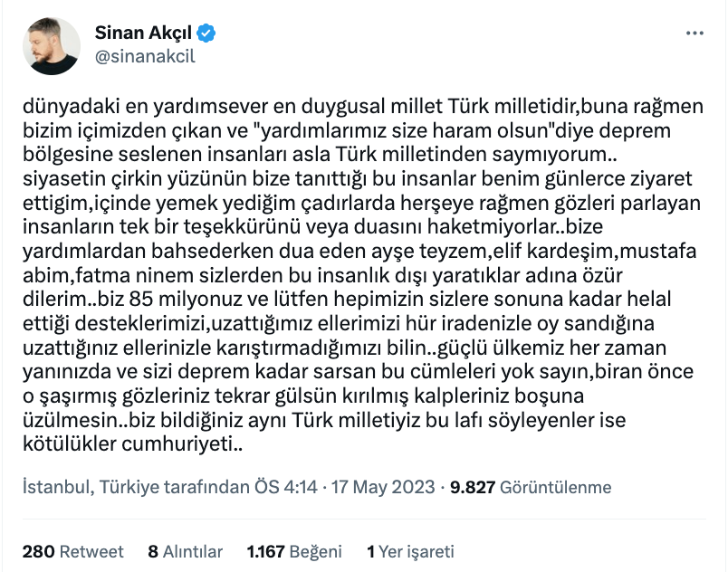 sinan akcil dan deprem bolgesini hedef alan secim hakaretlerine tepki